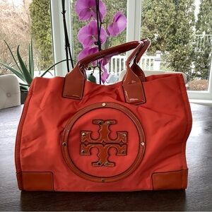 Tory Burch Orange Nylon Logo Tote with Leather Trim